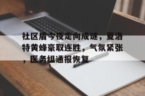 包含社区盾今夜走向成谜，夏洛特黄蜂豪取连胜，气氛紧张，医务组通报恢复的词条-华体会登录入口